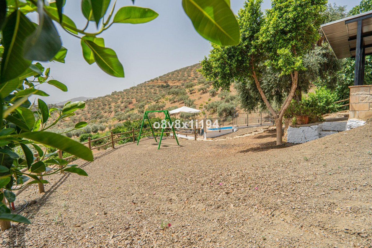 Outdoor area with a swing set, small swimming pool, and a hillside covered in olive trees in the background.