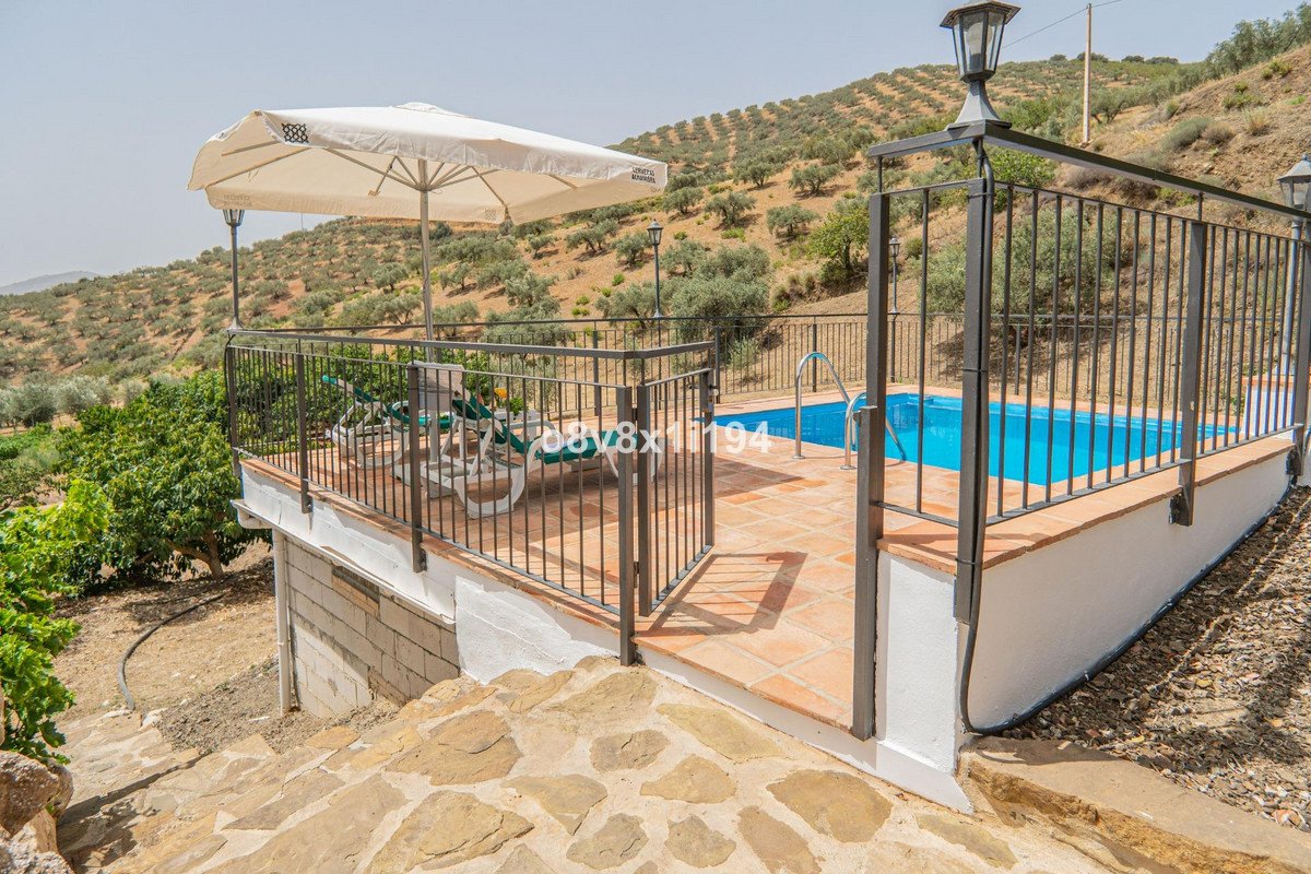 Terrace with a swimming pool, sun loungers, and an umbrella, overlooking a hilly landscape with olive trees.