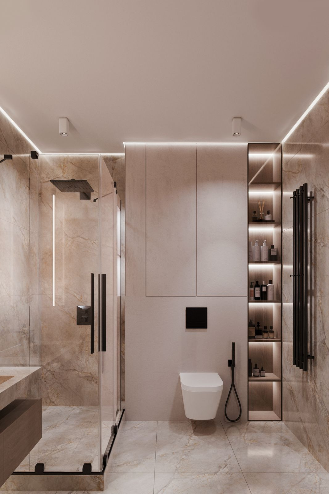 Moderne badkamer met douche, toilet en stijlvolle opbergruimte