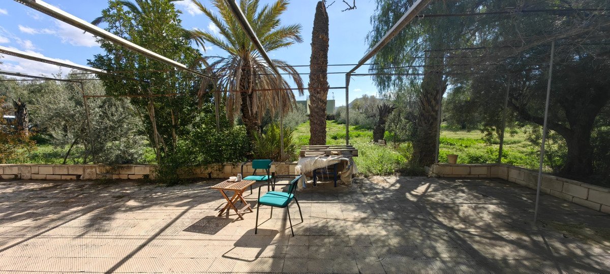 A tiled patio area with two chairs and a small table, overlooking a lush green garden with palm trees.