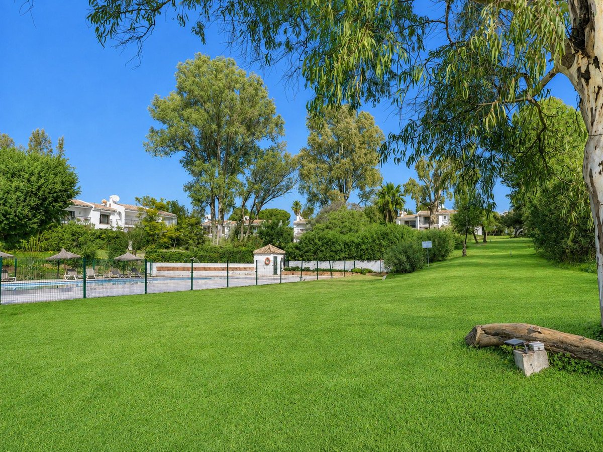 A lush green lawn leads to a communal swimming pool area with lounge chairs and umbrellas, surrounded by trees and buildings.
