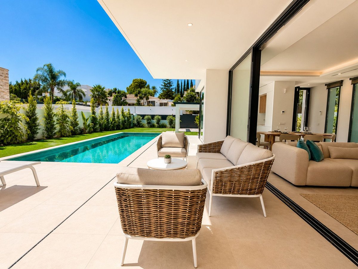 Modern villa with outdoor lounge area, swimming pool, and open-plan living and dining space.