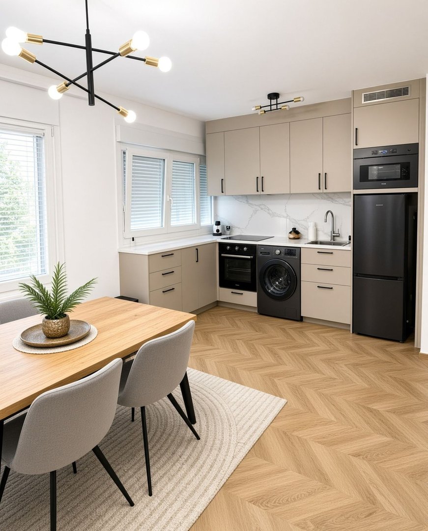 Modern kitchen and dining area with beige cabinets, black appliances, a wooden table, and chairs on a herringbone floor.