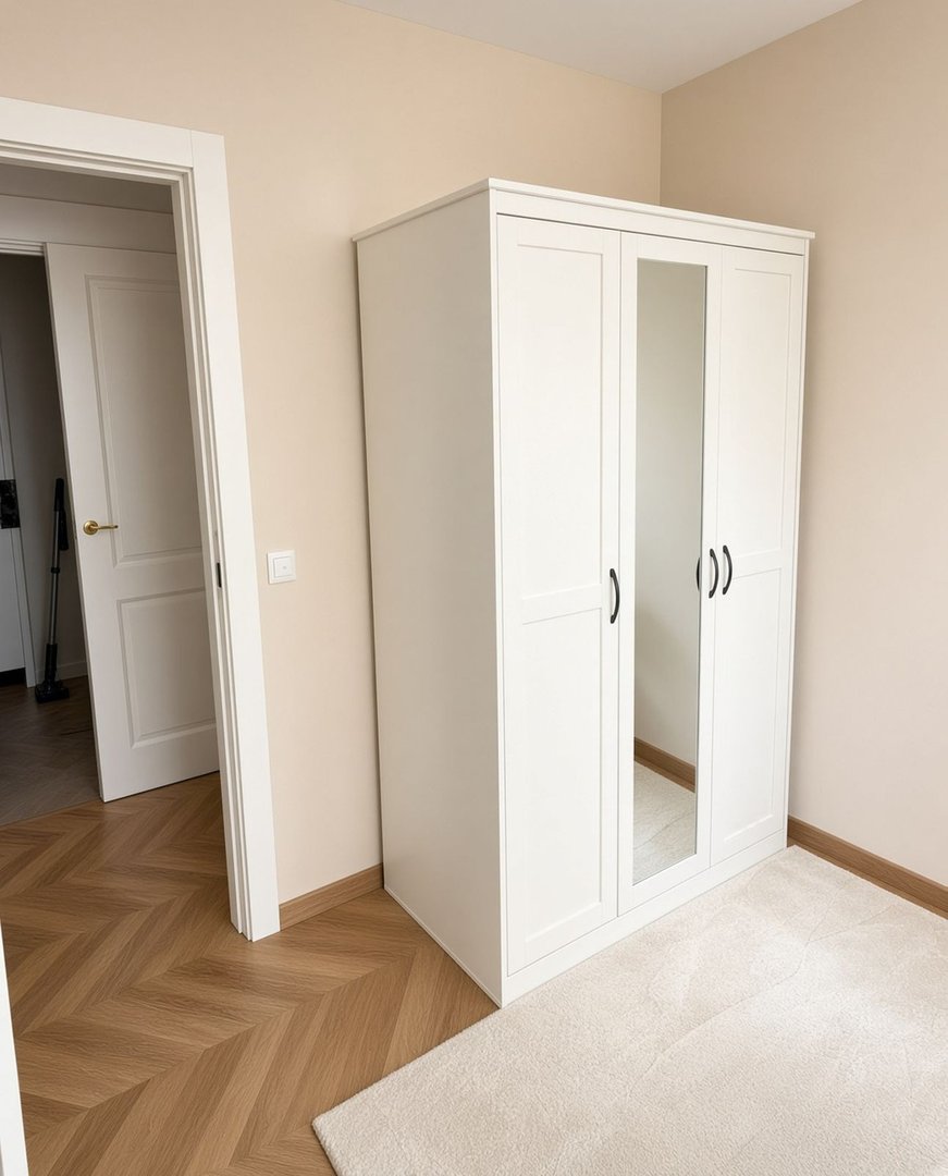 A white wardrobe with mirrored doors stands in a room with light beige walls and wooden herringbone flooring visible through an open doorway.