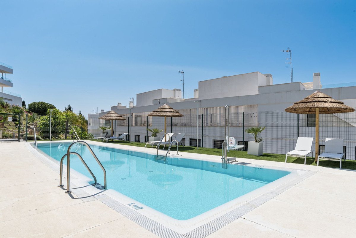 A communal swimming pool with sun loungers and umbrellas, overlooking modern white buildings under a clear blue sky.