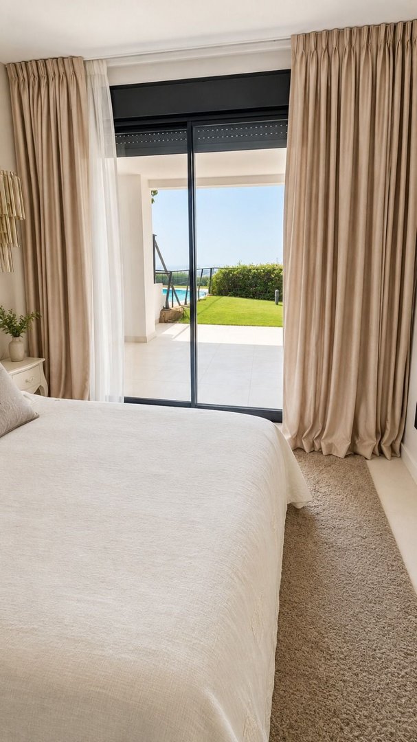 Bedroom with large glass doors opening to a patio, green lawn, and swimming pool with a bright blue sky.