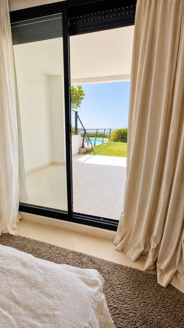 Bedroom view of a terrace with a swimming pool and green lawn under a clear blue sky.