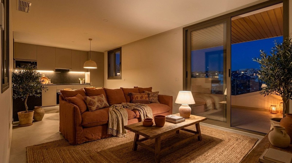 Warm living room with modern furniture and night view through large glass doors