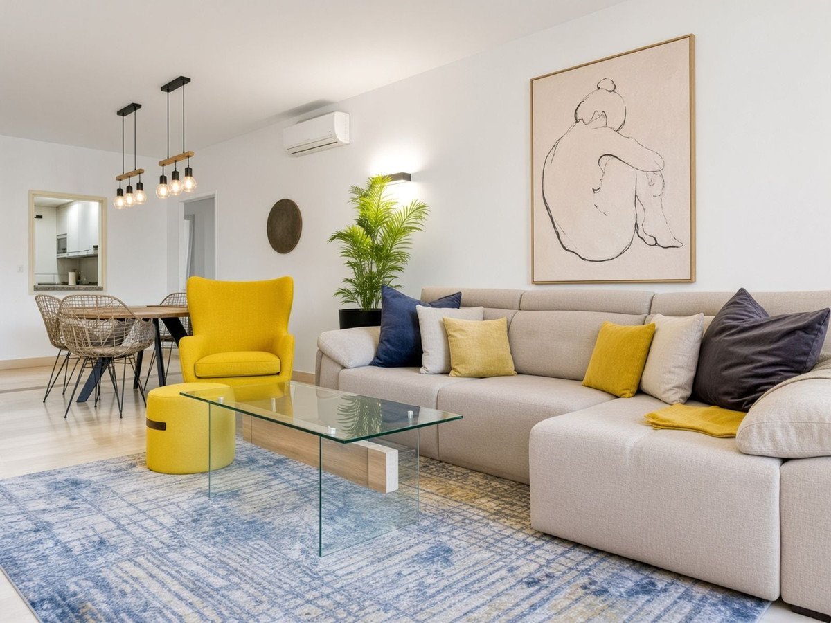 Modern living room with a sectional sofa, yellow accent chair, glass coffee table, and abstract art on the wall.