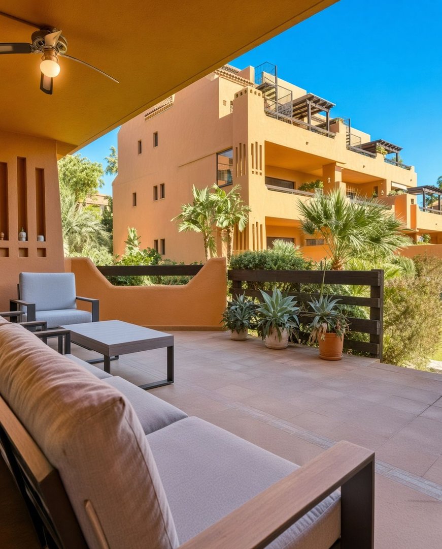 Terrace seating area with sofa and chairs, overlooking an orange building and lush greenery under a clear blue sky.
