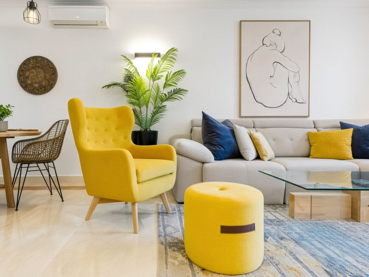 Modern living room with a yellow armchair, sectional sofa, colorful cushions, and abstract art on the wall.