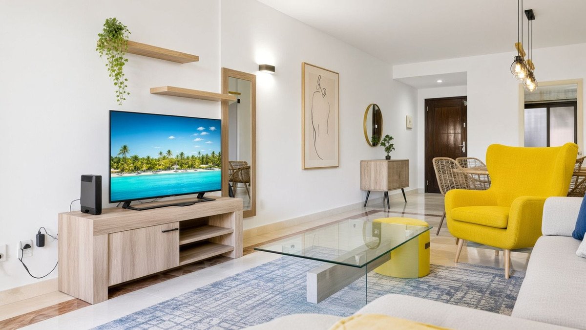 Modern living room with a bright yellow armchair, glass coffee table, and a television displaying a tropical beach scene.