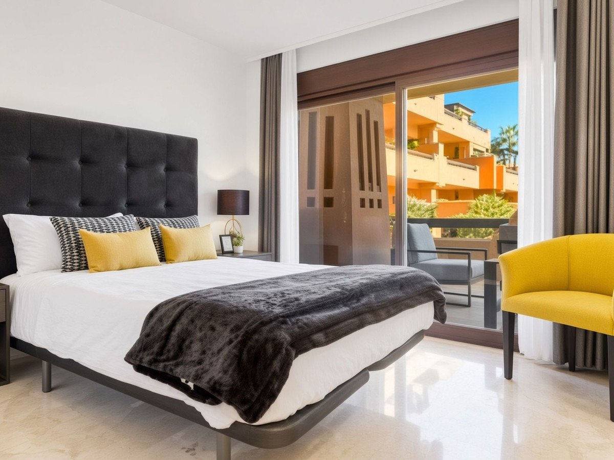 Modern bedroom with a large bed, yellow accent chair, and a balcony with an orange building view.