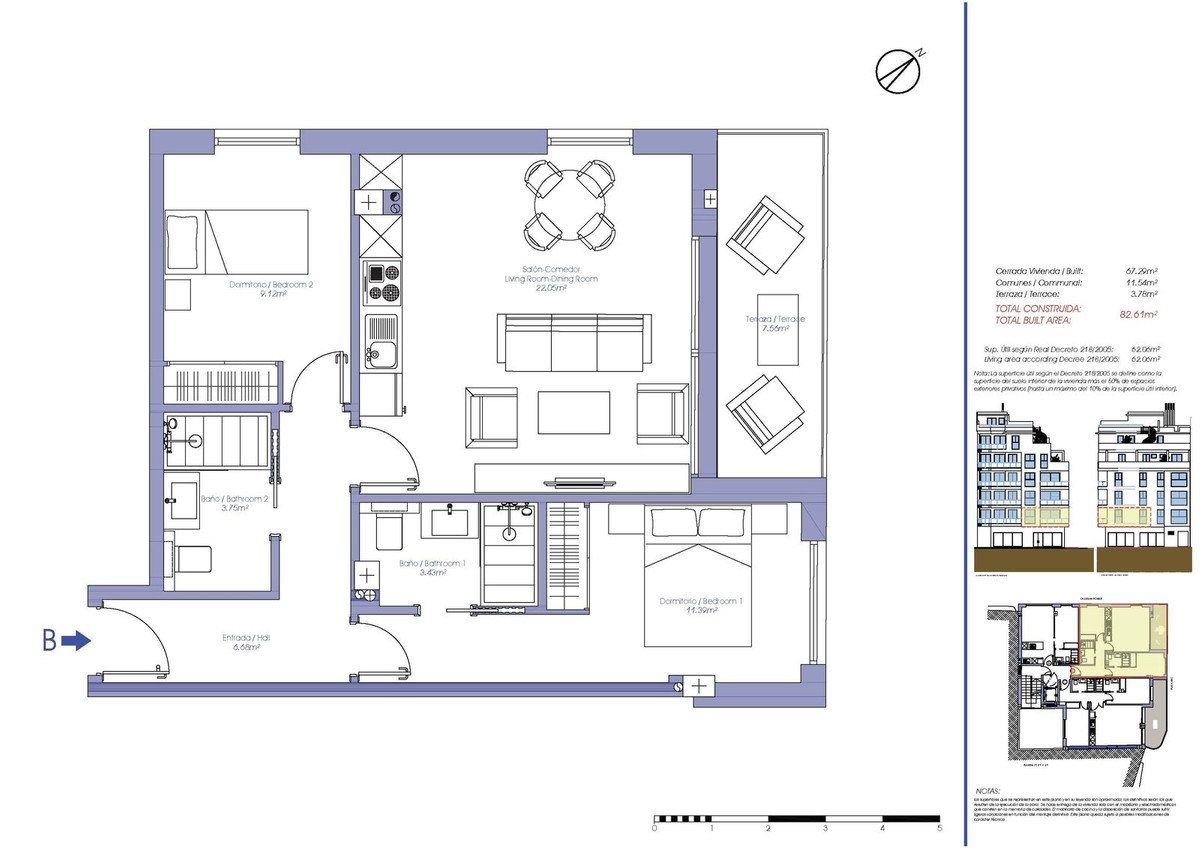 Floor plan of a two-bedroom apartment featuring a living room, dining area, kitchen, two bathrooms, and a terrace.