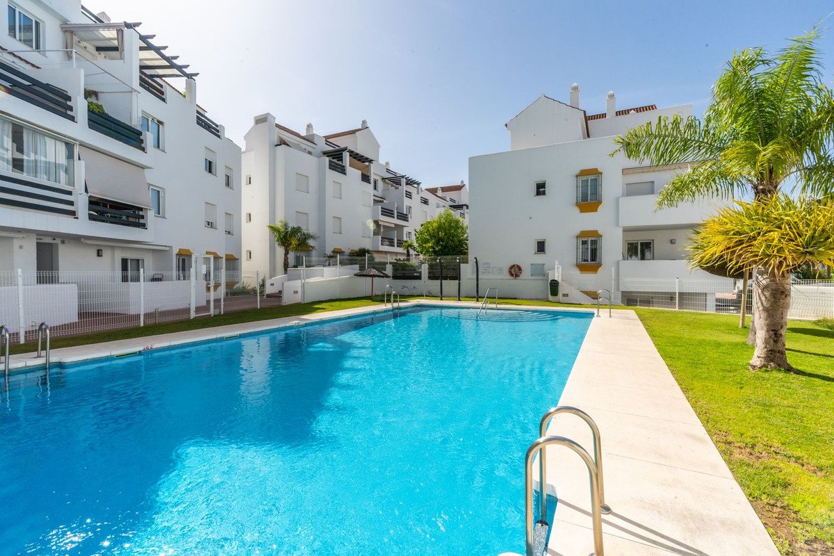 Swimming pool surrounded by white apartment buildings with palm trees