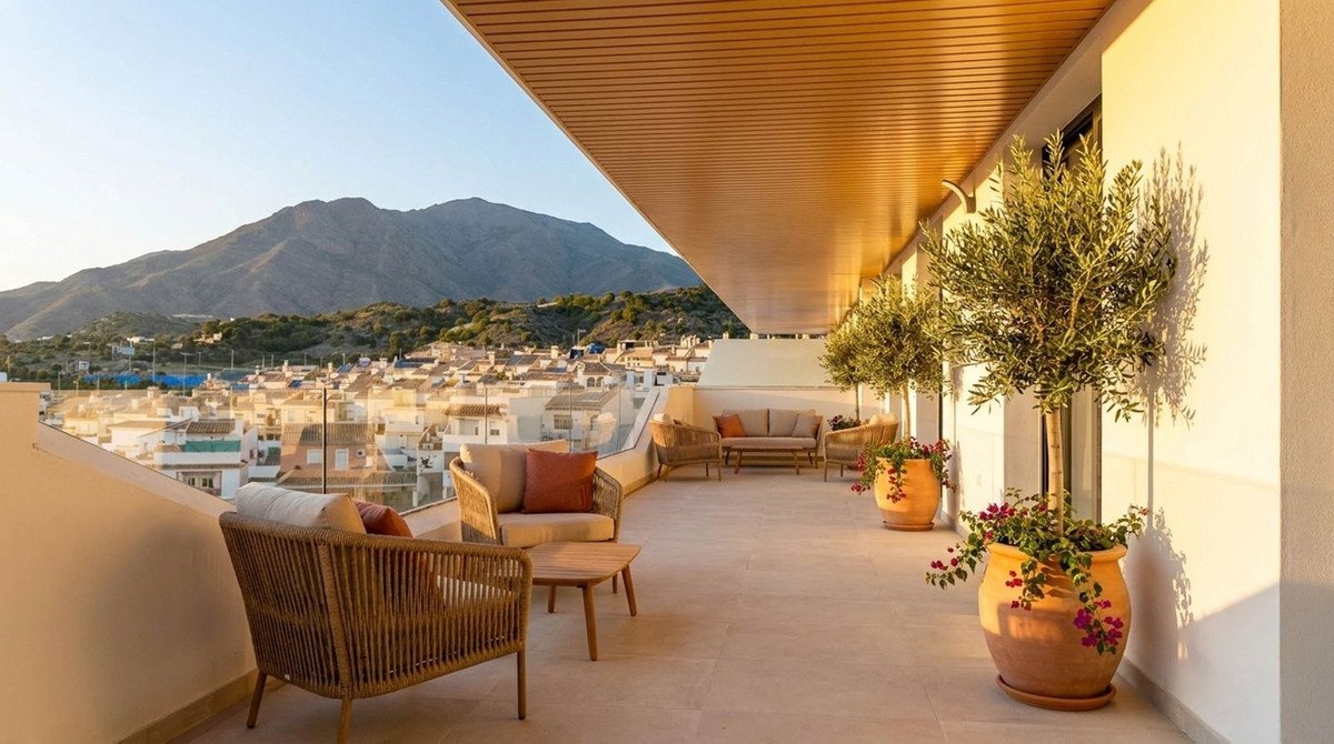 Balcony with living room furniture and scenic mountain view