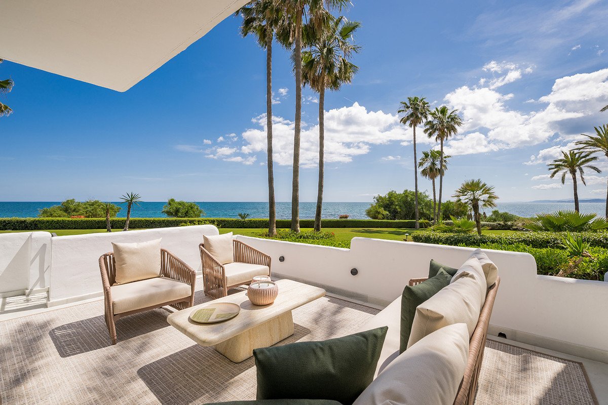Luxurious patio with ocean view and palm trees
