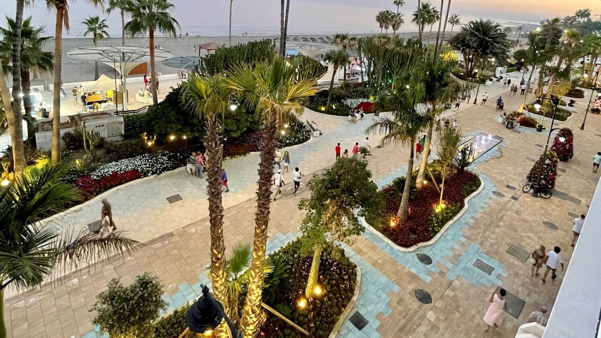 High-angle view of a beachfront property with palm trees, walkways, and ocean views at dusk.