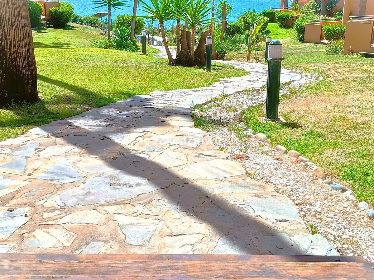 A winding stone path through a lush garden with palm trees and a distant view of the blue sea.