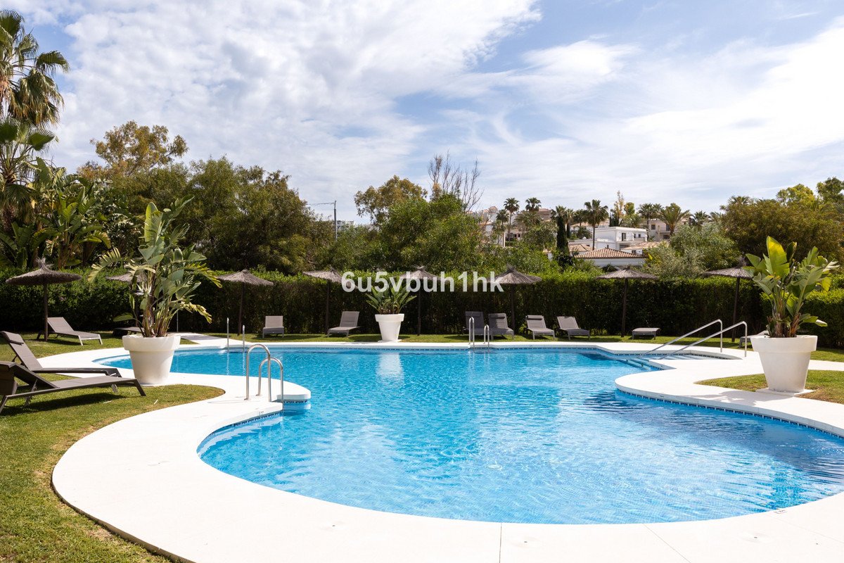 Outdoor pool with lounge chairs, palm trees, and greenery under a partly cloudy sky.