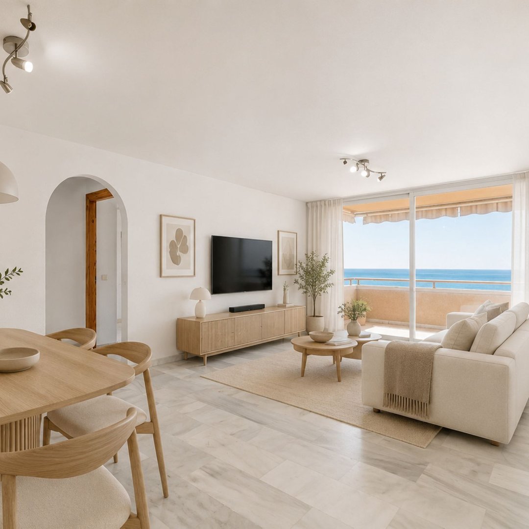 Modern living room with large windows overlooking the sea
