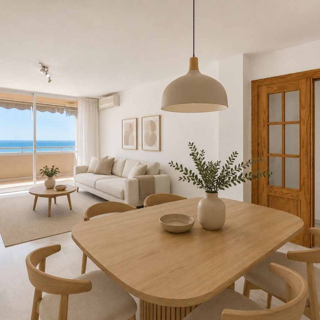 Cozy living room with wooden dining table and sofa overlooking the sea