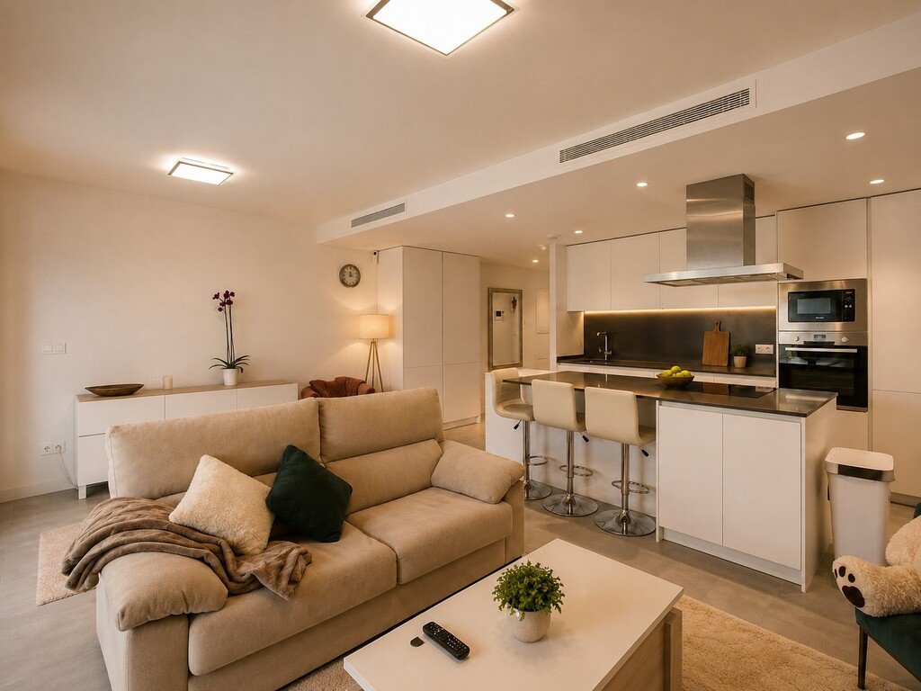 Modern living area and kitchen with breakfast bar, integrated appliances, and comfortable sofa.