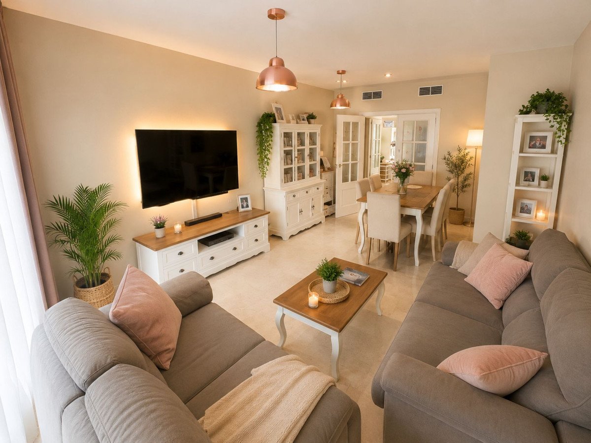 Spacious living and dining area with comfortable sofas, a TV, dining table, and elegant decor.