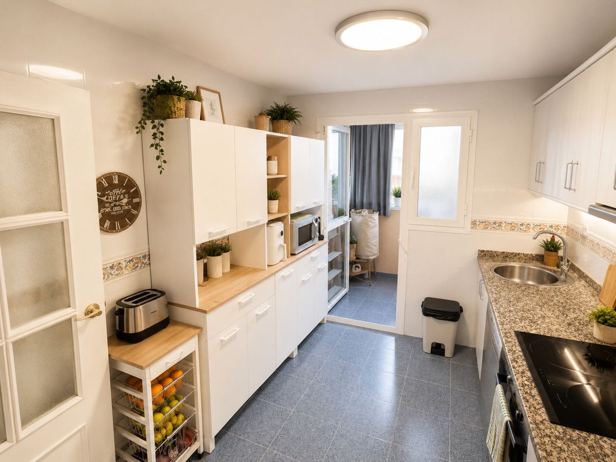 A clean, modern kitchen featuring white cabinets, wood countertops, granite counters, a sink, and a toaster on a cart.