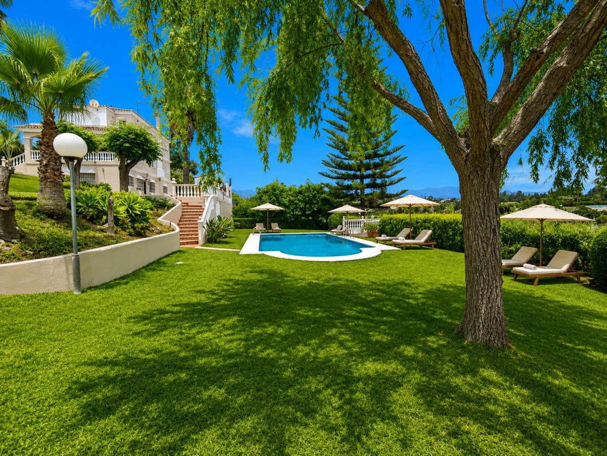 Villa with private pool, lush green lawn, palm trees, and sun loungers under a clear blue sky.