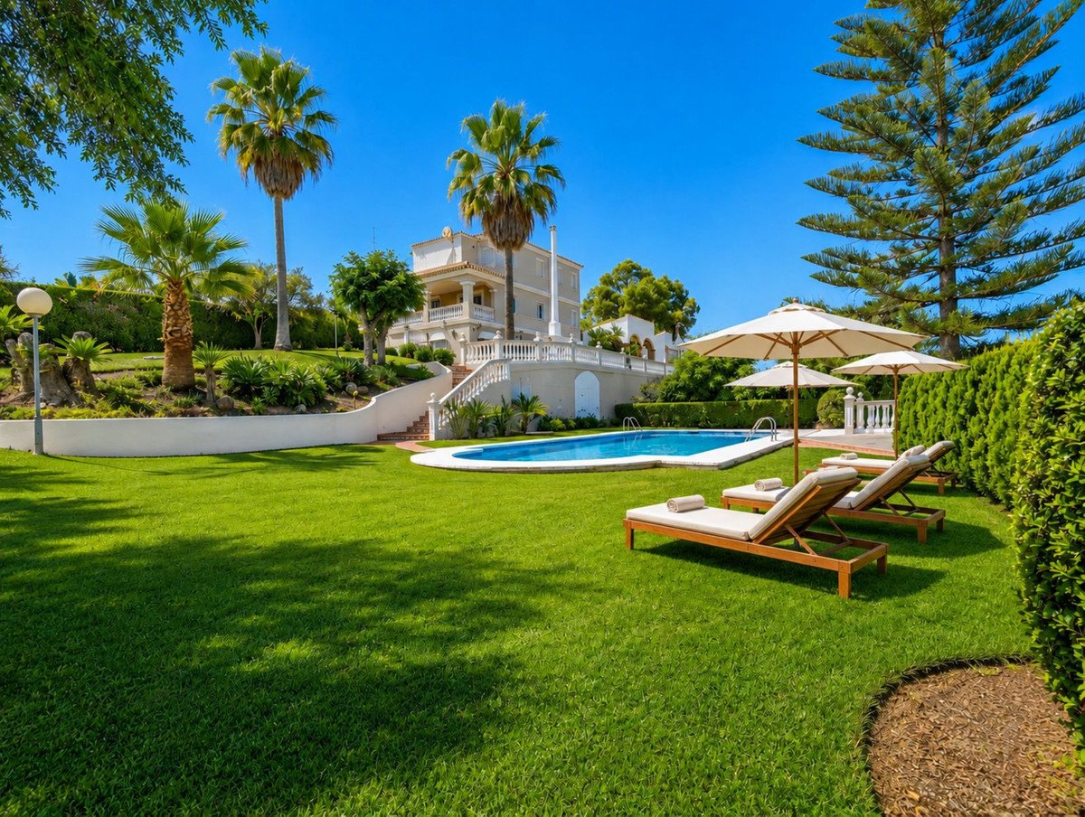 Luxury villa with a swimming pool, manicured lawn, sun loungers, and palm trees under a clear blue sky.