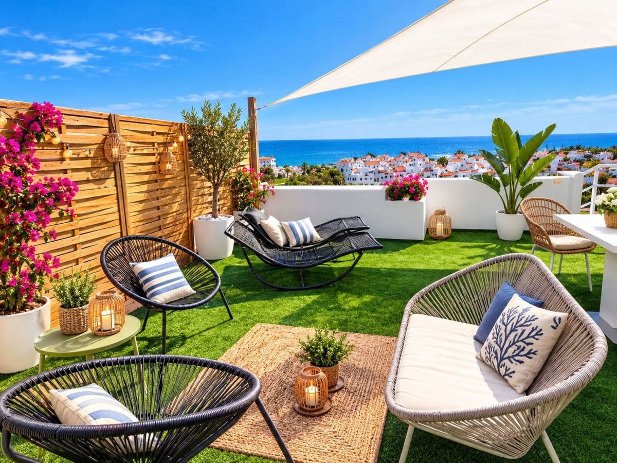 Rooftop terrace with lounge seating, plants, and a beautiful sea view of white buildings under a blue sky.