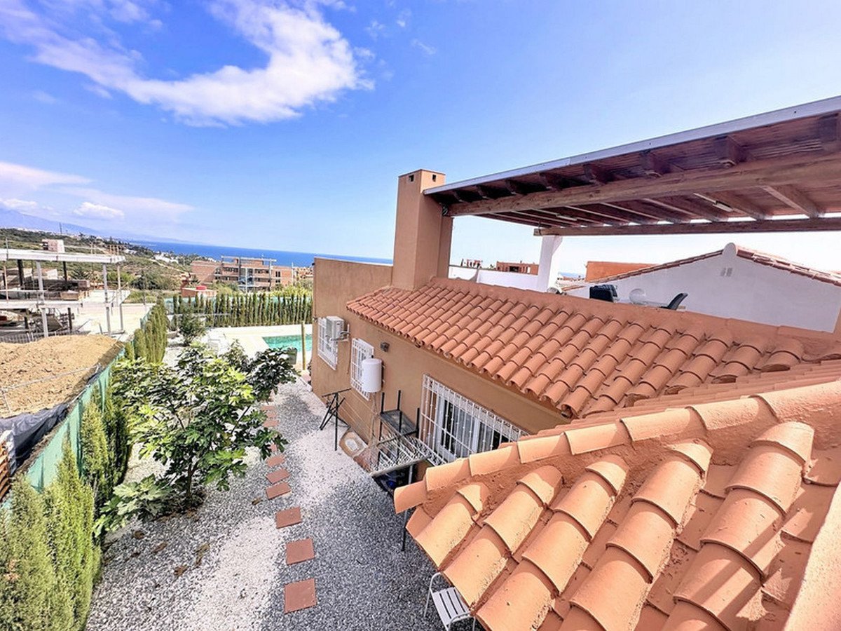 View from the property showing a house with a tiled roof, a swimming pool, garden, and a distant sea view under a blue sky.