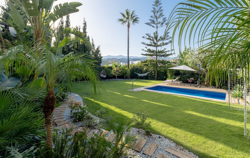 Lush green backyard with a swimming pool, hammock, lounge chairs, and palm trees under a clear blue sky.