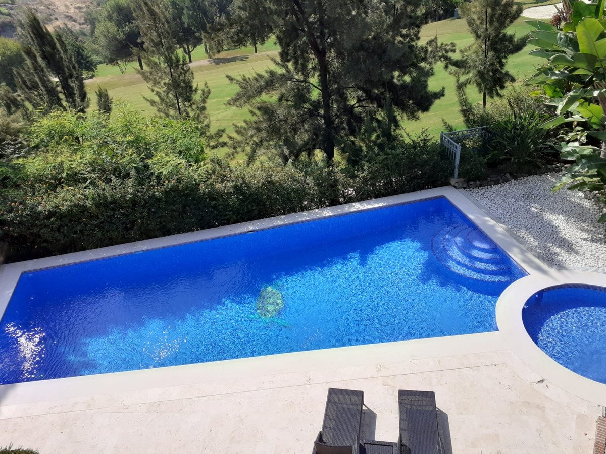 Rectangular pool with blue tiles, surrounded by patio and greenery, overlooking a golf course.