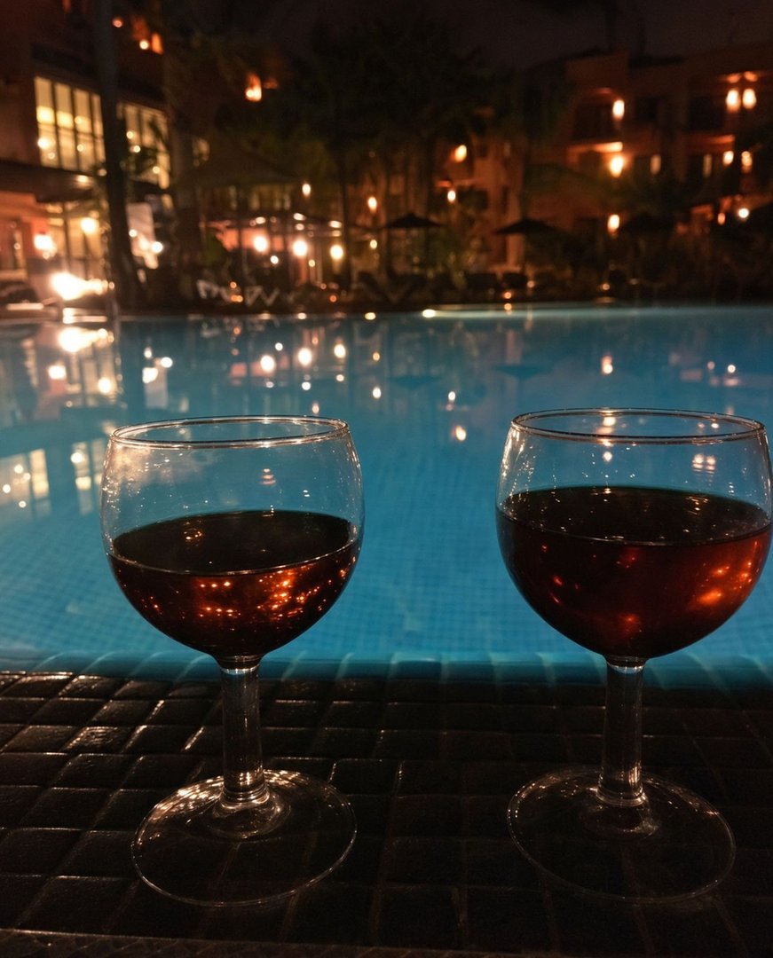 Two wine glasses by a lit pool at night with resort buildings in background