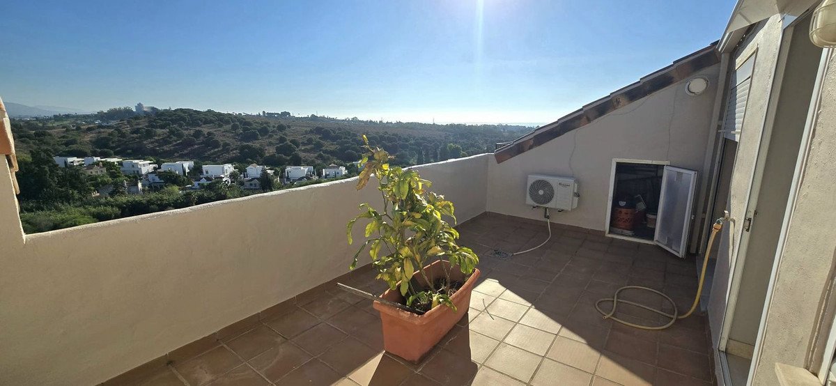 Rooftop terrace with potted plant, tiled floor, and scenic landscape view