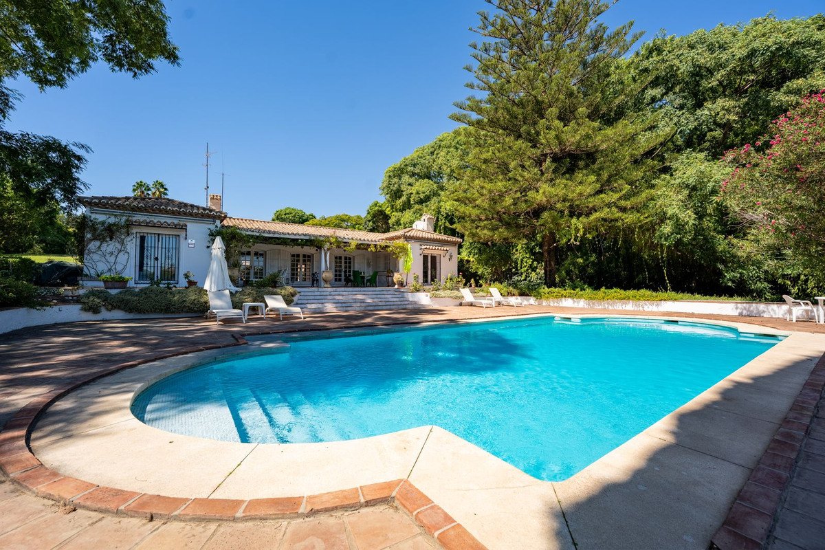 Villa with large swimming pool and sun loungers, surrounded by lush green trees and a sunny blue sky.