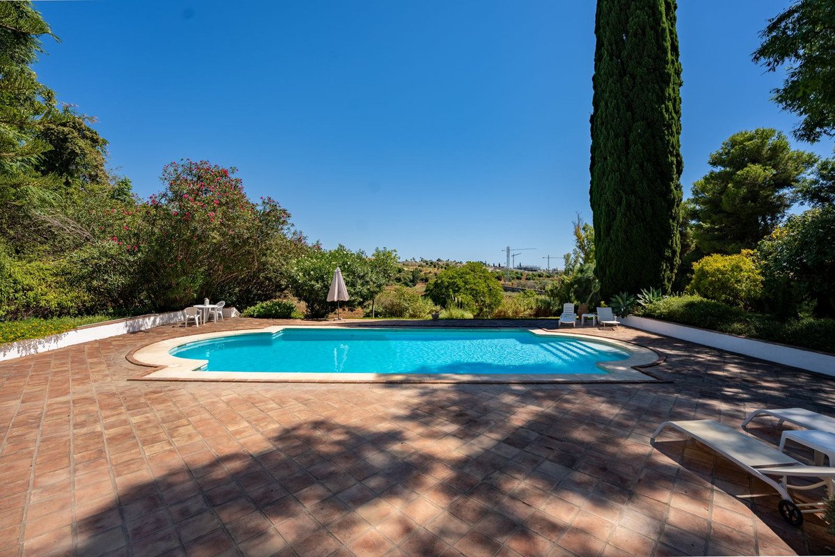 An inviting swimming pool with a tiled patio and lounge chairs, surrounded by lush greenery and offering a distant view of hills.