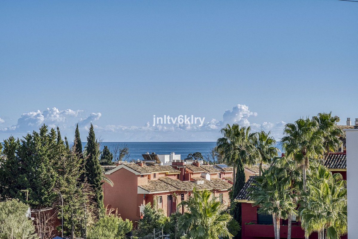 View of the sea and palm trees from a terrace, with terracotta-roofed buildings below.