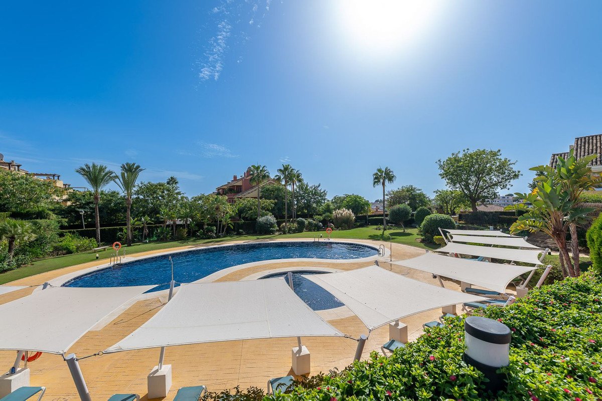 Outdoor swimming pool with sunshades and lounge chairs under a sunny sky