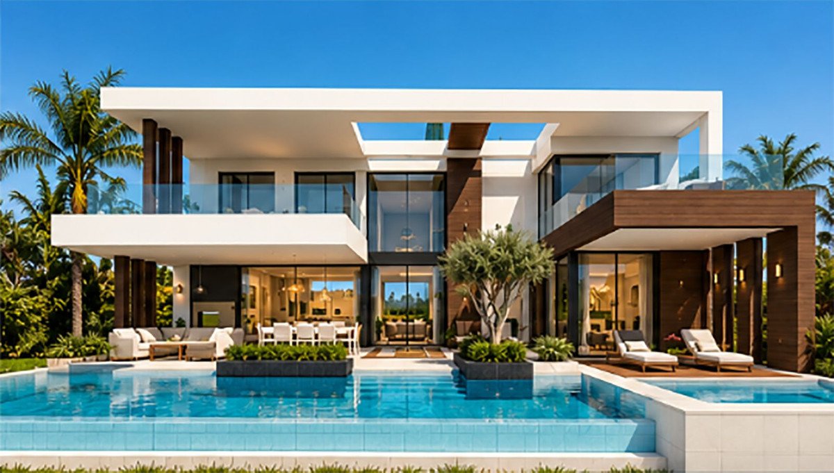 Modern two-story villa with swimming pool and outdoor seating area