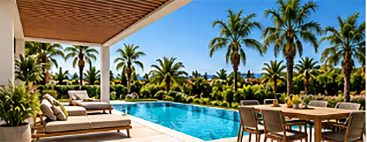 Luxury poolside lounge area with palm trees and outdoor seating