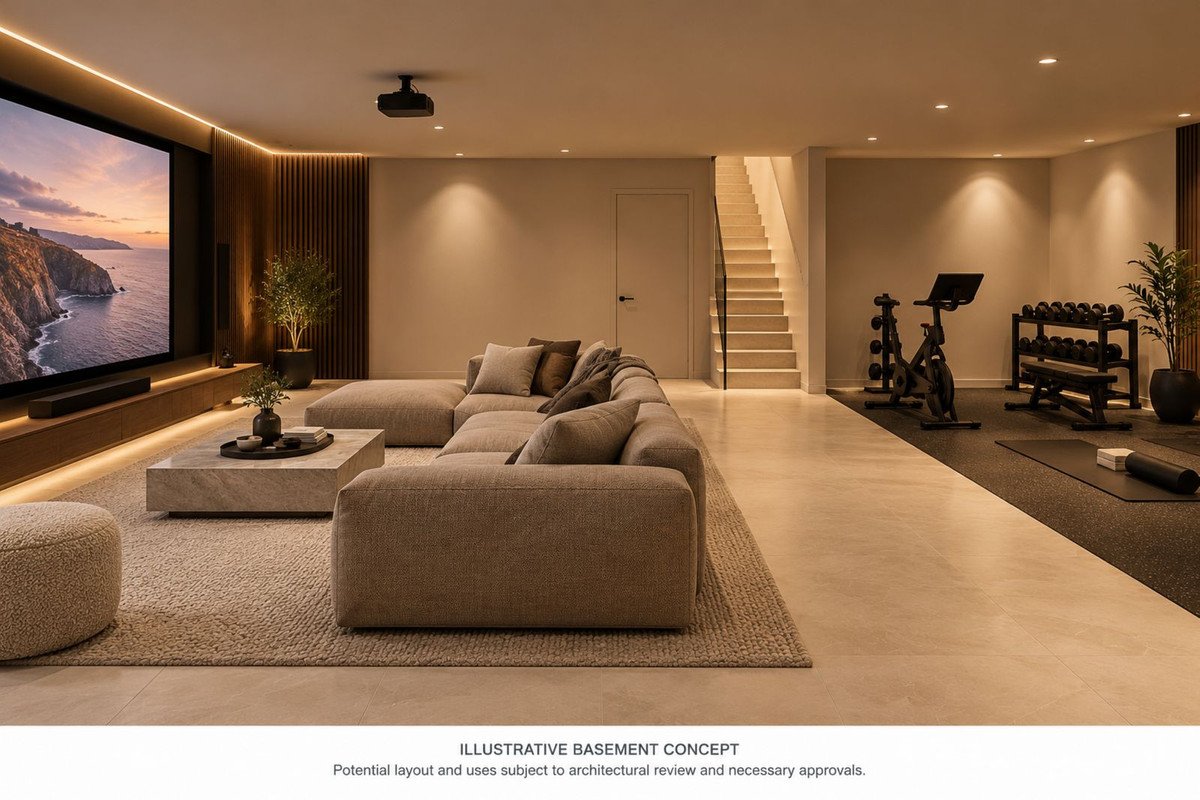 Modern basement with living area, gym equipment, and large home theatre screen