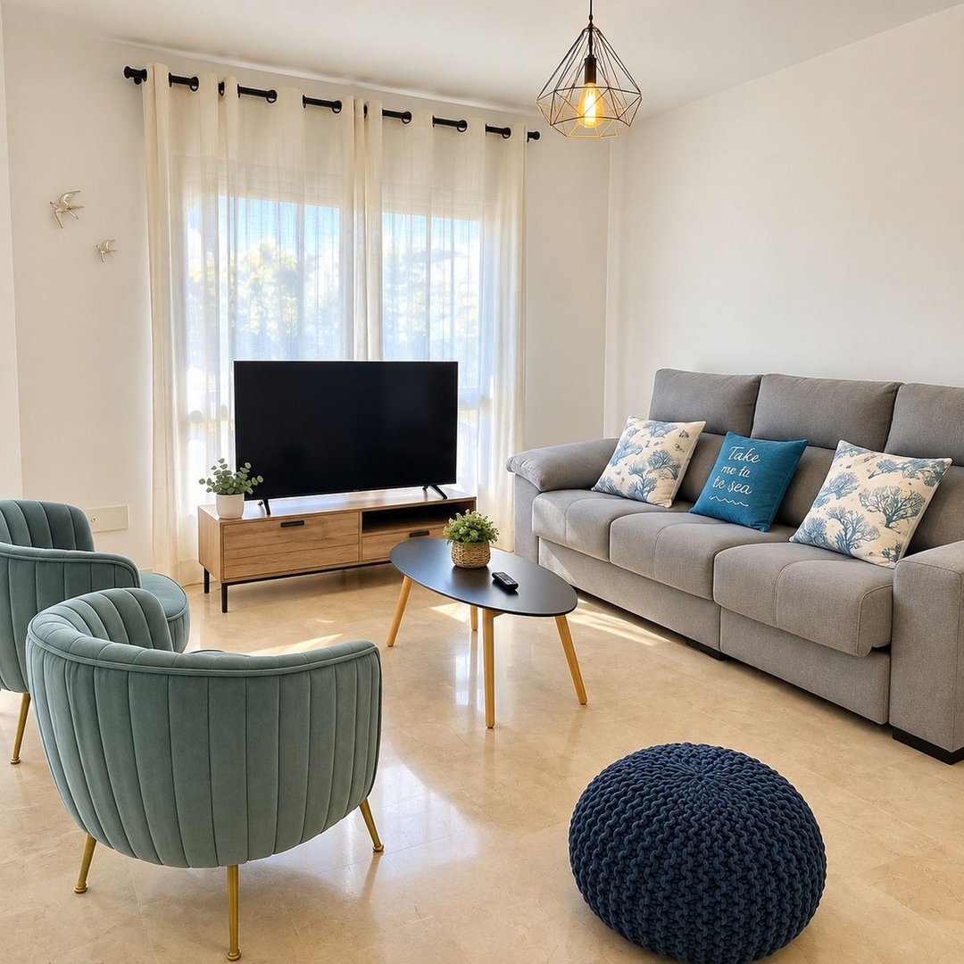 Modern living room with a gray sofa, two teal accent chairs, a TV, and a coffee table. Natural light fills the space.