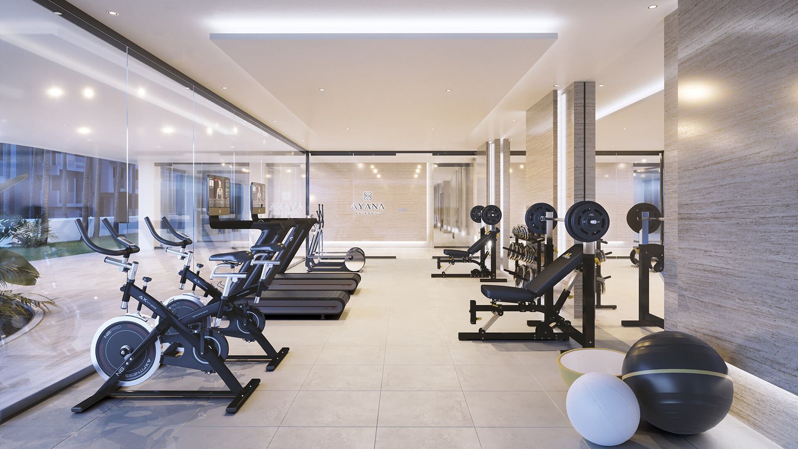 Moderne fitnessruimte met apparatuur in Ayana Estepona, Spanje.
