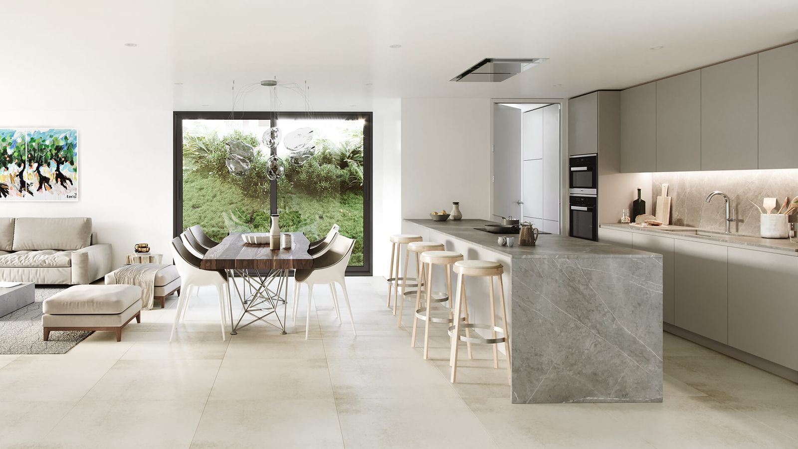 Moderne open keuken en woonkamer met eettafel en groene tuin.