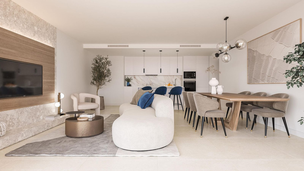 Modern appartement woonkamer met open keuken en designmeubels