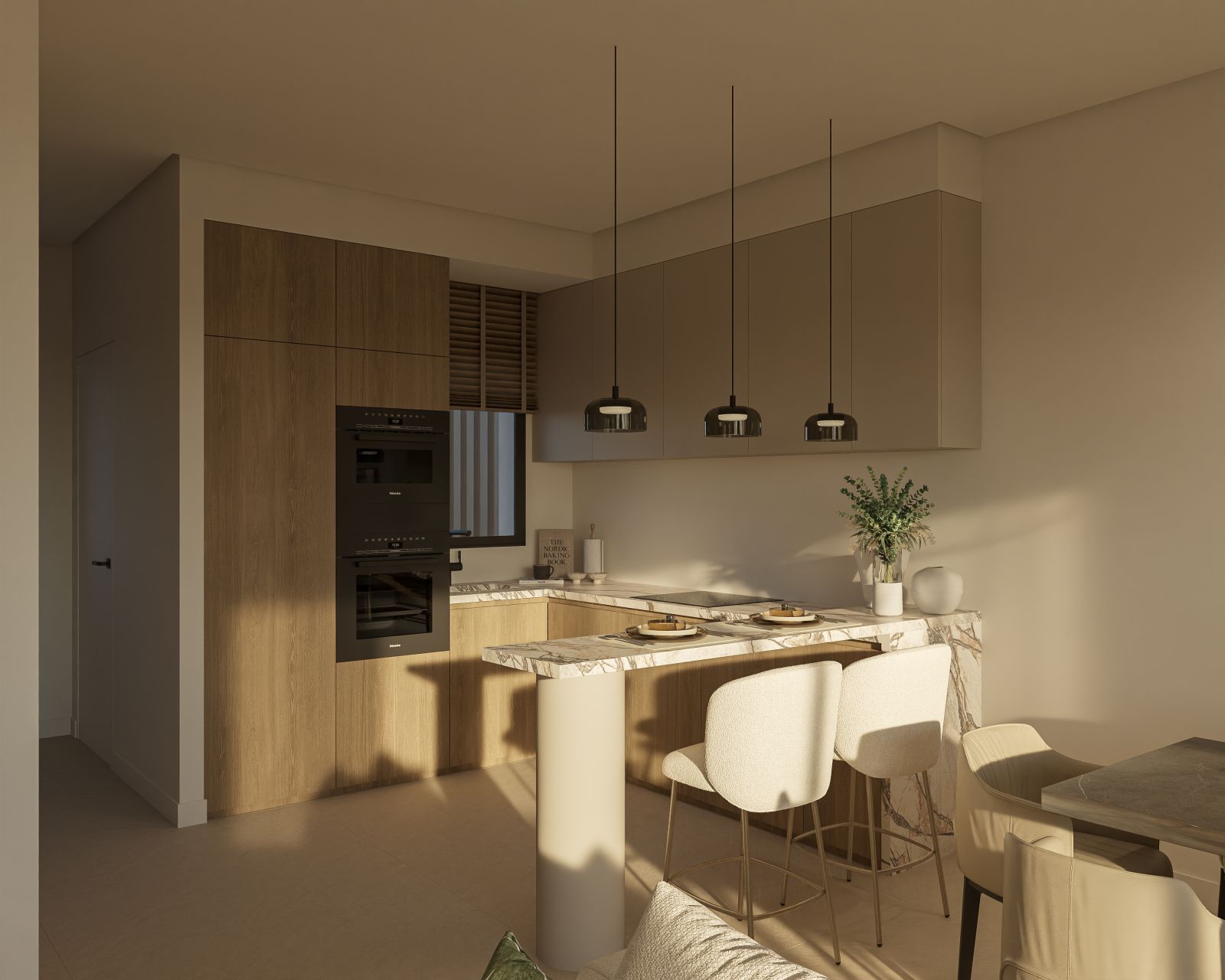 Moderne keuken met barstoelen en houten accenten.