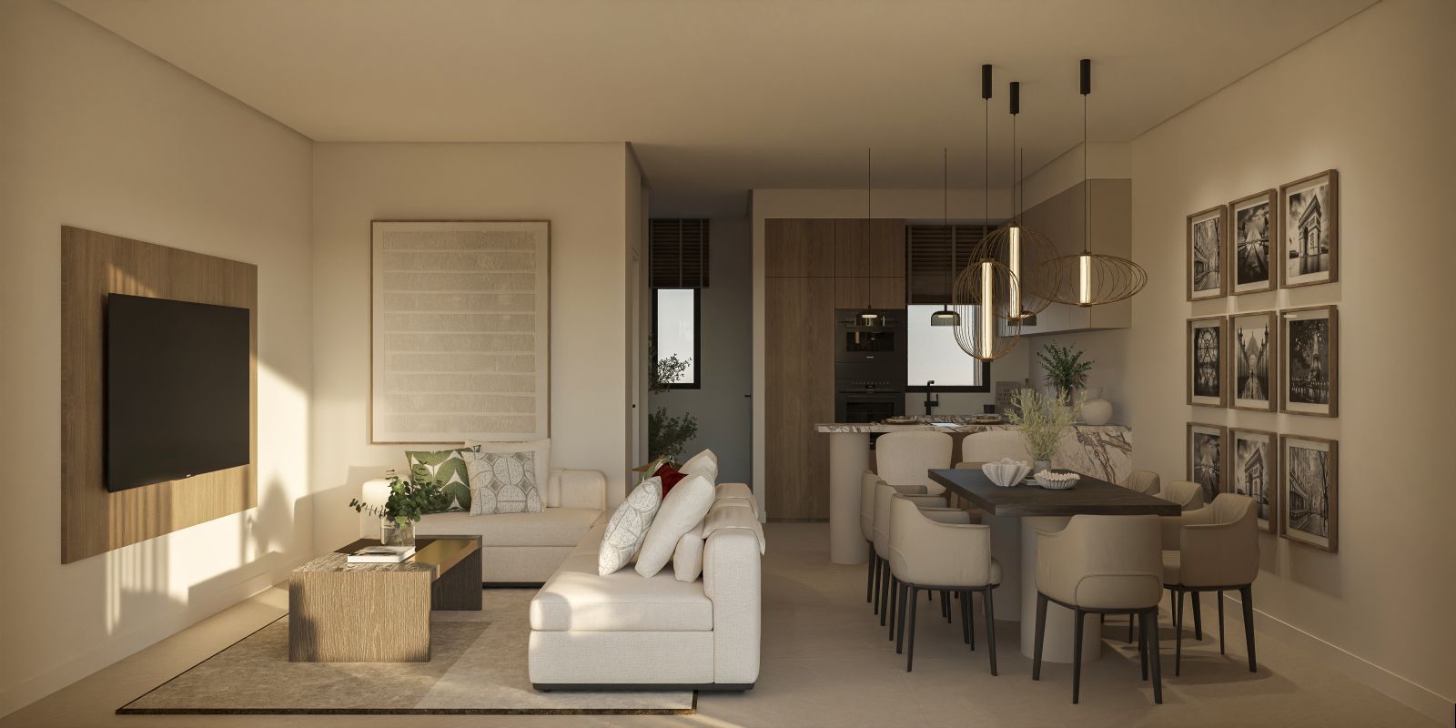 Modern appartement interieur met woonkamer, keuken en eethoek.